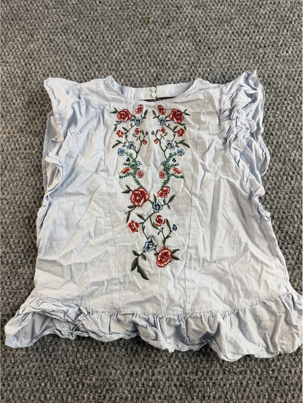 Zara Basic Collection Women’s XS Light Blue Embroidered Floral Ruffle Blouse Top